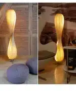 Wooden floor lamp with warm glow in a cozy living room