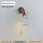 Walnut bedside wall light with adjustable spotlight and zipper switch in a cozy bedroom