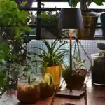 Cordless USB rechargeable table lamp with touch switch on a patio table
