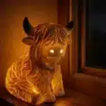 Whimsical cow table lamp with highland cattle design, casting a warm glow on a bedside table