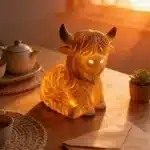 Whimsical cow table lamp with highland cattle design, casting a warm glow on a bedside table