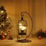 Vintage table lamp with hanging lantern and candlestick design, metal hollow lanterns for warm ambient lighting