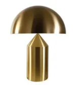 Modern mushroom table lamp with metal shade and wood base on bedside table