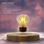 Floating LED lamp with levitating bulb on a wooden desk in a modern living room