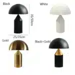 Modern mushroom table lamp with metal shade and wood base on bedside table