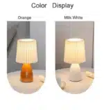 Milkshake bedside table lamp with warm LED light on a nightstand in a cozy bedroom