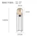 Modern floor lamp with iron frame and glass shade in a cozy living room