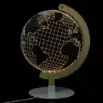 3D LED table lamp with wooden base and acrylic art glowing in a cozy room