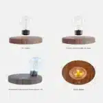 Floating LED lamp with levitating bulb on a wooden desk in a modern living room