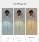 Walnut bedside wall light with adjustable spotlight and zipper switch in a cozy bedroom
