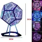 Dodecahedron gaming light with vibrant RGBW colors illuminating a gaming desk setup