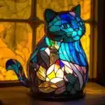 Colorful stained glass animal lamp featuring a cat design, glowing warmly on a bedside table