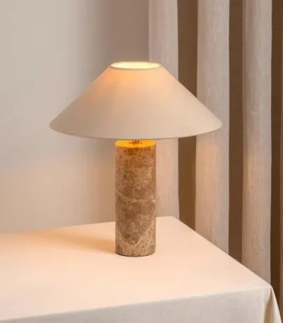 Nordic Cylindrical Marble LED Table Lamp White Fabric Lampshade Living Room Study Restaurant Bedroom Desk Lights Home