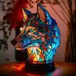 Colorful stained glass animal lamp featuring a cat design, glowing warmly on a bedside table