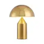 Modern mushroom table lamp with metal shade and wood base on bedside table