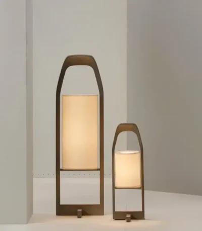 Retro floor lamp with wabi-sabi wooden stand in a cozy living room