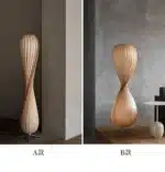 Wooden floor lamp with warm glow in a cozy living room