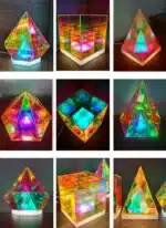 3D pyramid night light with RGB color modes on a bedside table