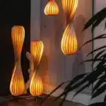 Wooden floor lamp with warm glow in a cozy living room