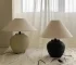Wabi sabi table lamp with textured ceramic base and linen shade in a cozy living room