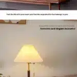 Retro desk lamp with black metal base and pleated fabric shade in warm glow