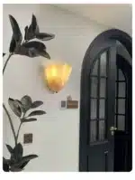 Modern wall sconce with shell-shaped glass and LED light in a minimalist living room