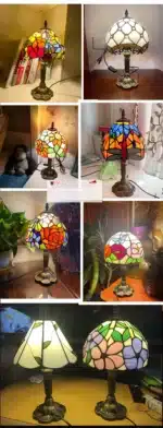 Tiffany table lamp with colorful stained glass shade casting warm glow on nightstand