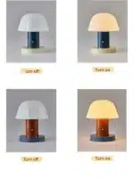 Nordic retro mushroom table lamp with warm LED glow on a bedside table