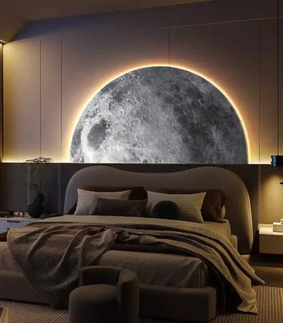 Three dimensional sandstone moon bedroom headboard decoration painting, light luxury semi circle sofa, background wall lamp,