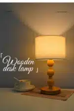 Vintage table lamp with fabric shade and solid wood base on bedside table