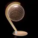 3D LED table lamp with wooden base and acrylic art glowing in a cozy room