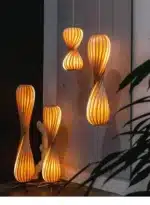 Wooden floor lamp with warm glow in a cozy living room