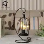 Vintage table lamp with hanging lantern and candlestick design, metal hollow lanterns for warm ambient lighting