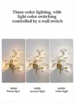 Luxury gold leaf sconce with modern ginkgo design illuminating a living room wall