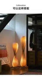 Wooden floor lamp with warm glow in a cozy living room