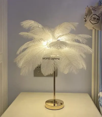 Rechargeable Portable Ostrich Feather Table Lamp Bedroom Bedside Lamp Creative Nordic Romantic Night Light Warm Home Decor