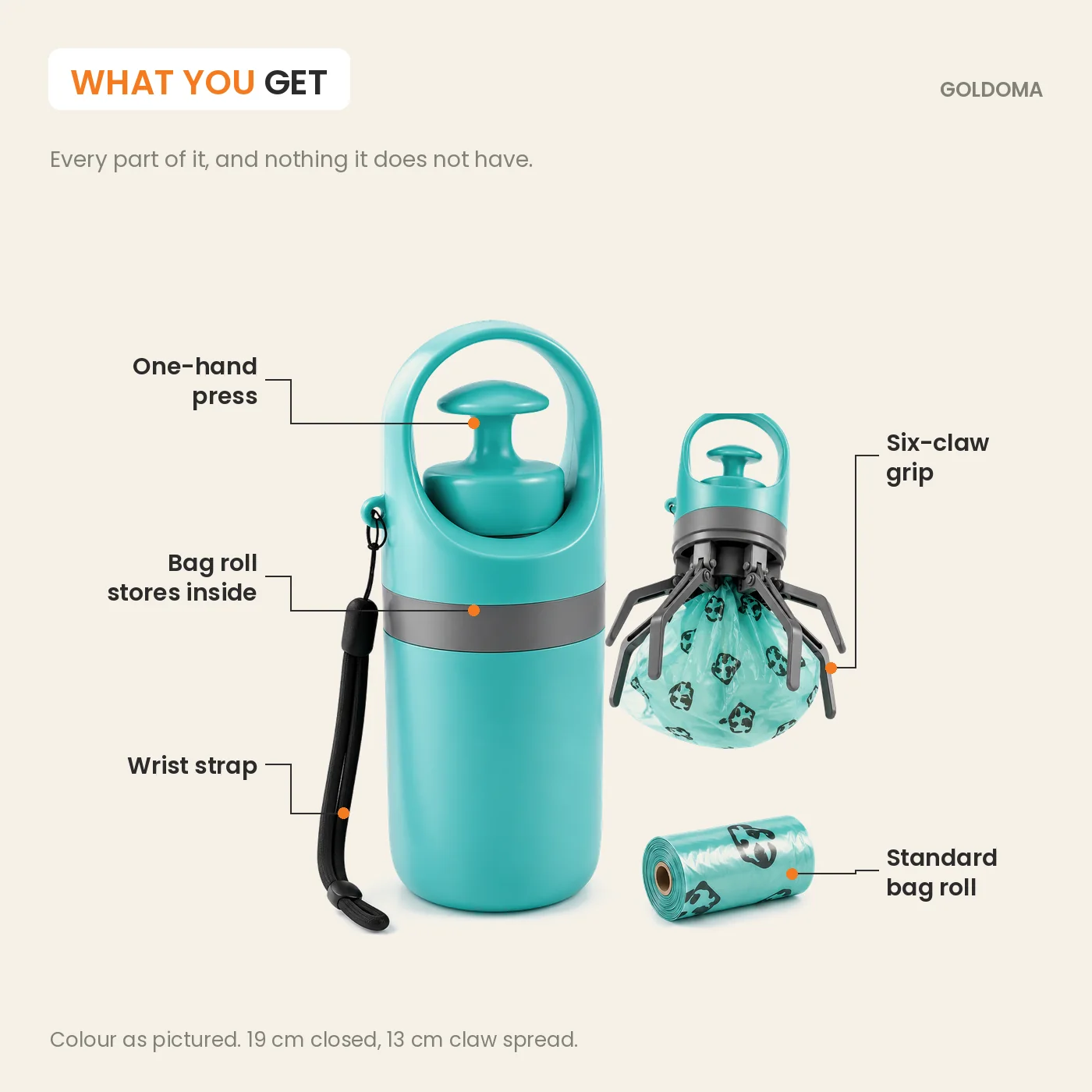 The Goldoma Trail with its press button, bag compartment, wrist strap and six claws named